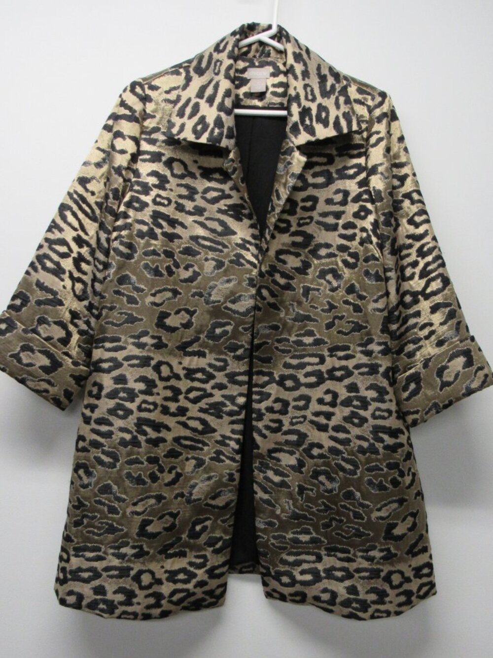Chicos Gold Black Shimmer Leopard Jacquard Open Front Topper Jacket sz 0 US 4/6
